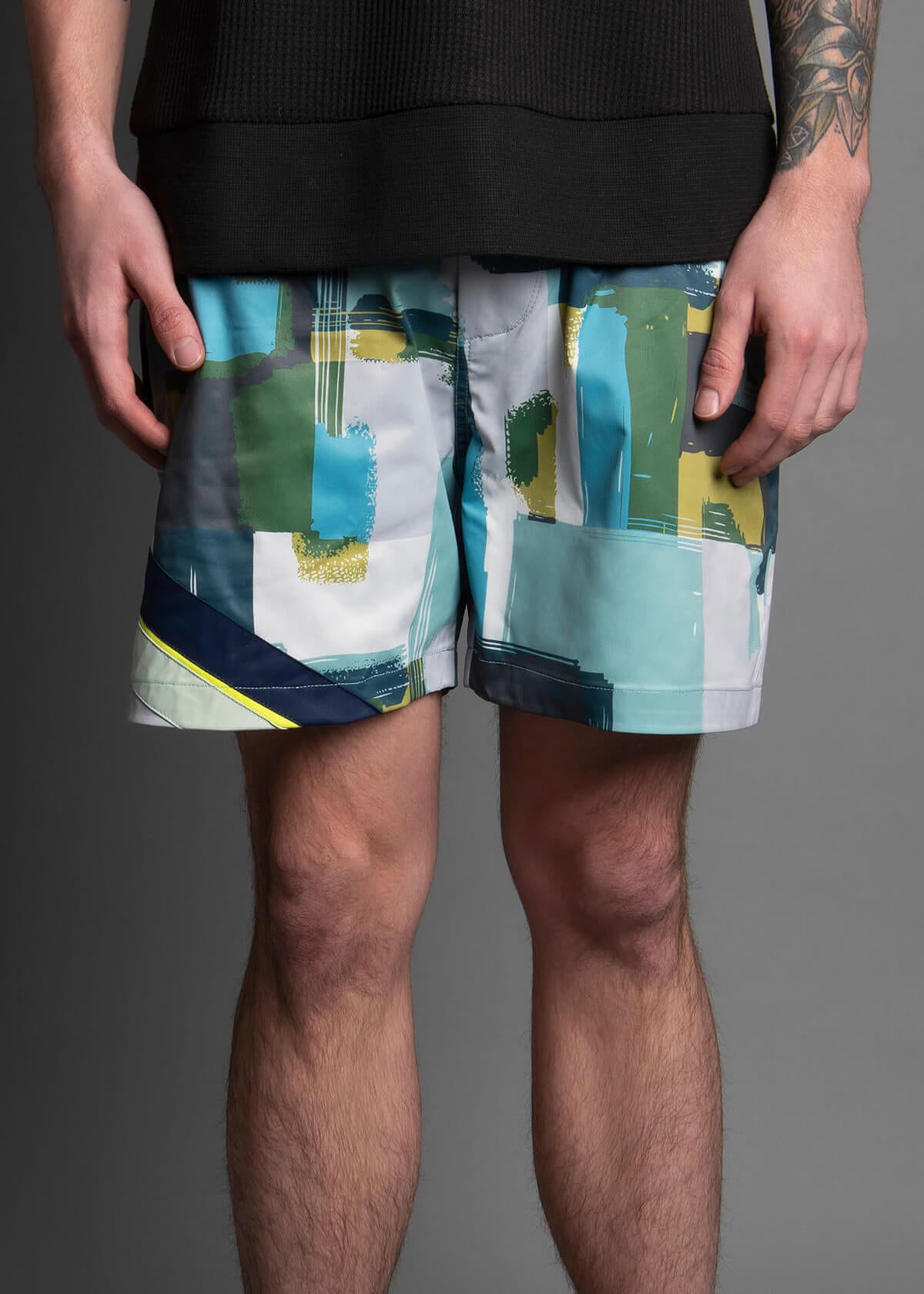 men's hybrid swimshort with block art pattern
